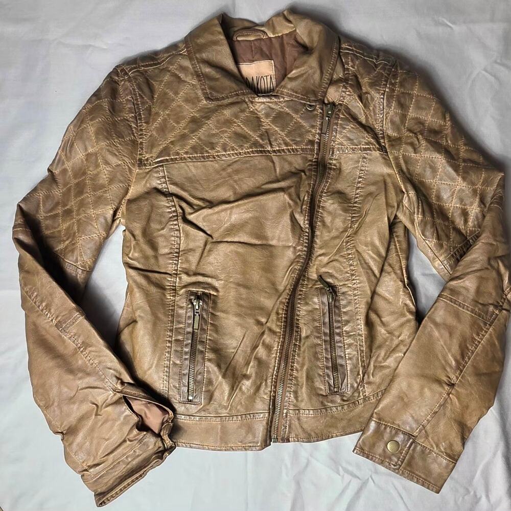 BB Dakota Moto Jacket Vegan Leather Quilted Tan Camel Brown Size S